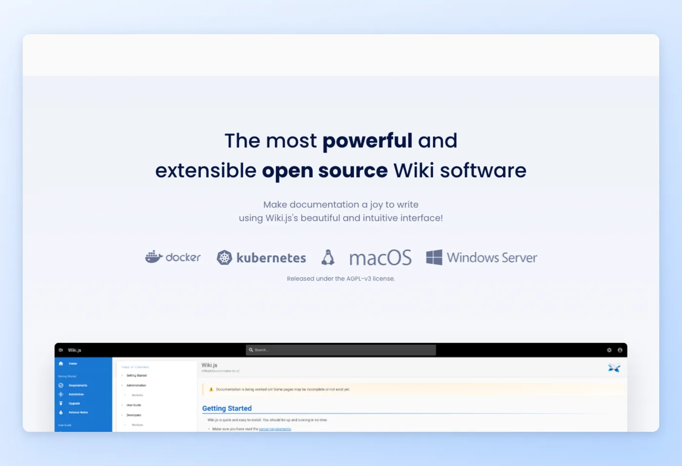 Screenshot dell'interfaccia di Wiki.js