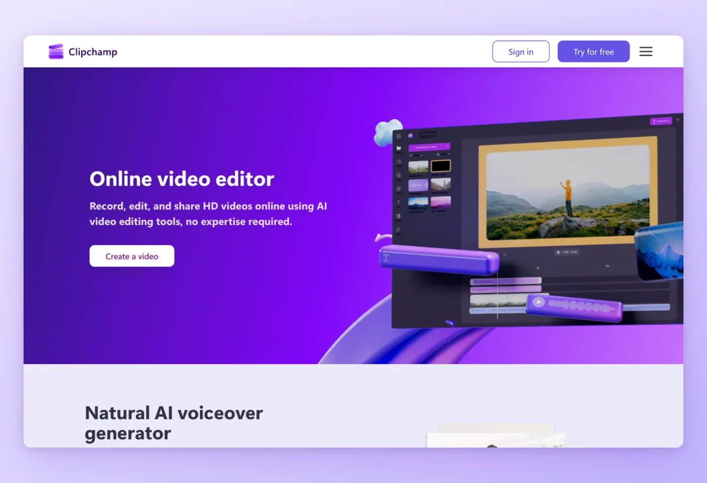 Screenshot dell'interfaccia di Clipchamp