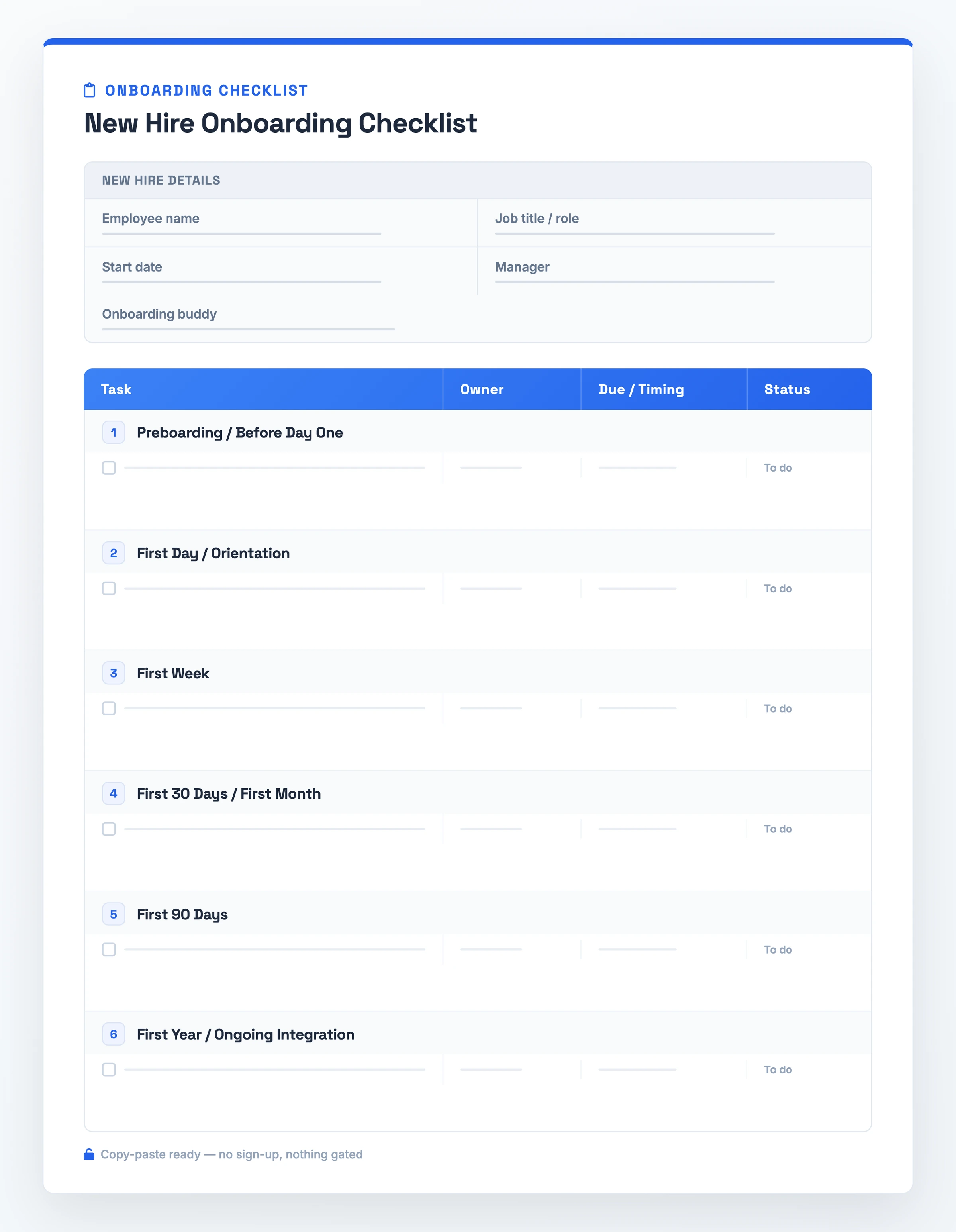 Aperçu du modèle de checklist d'onboarding montrant l'en-tête Détails de la nouvelle recrue au-dessus de sept sections de phase, de la préparation en amont à la première année, chaque ligne portant les colonnes Tâche, Responsable, Échéance/Timing et Statut