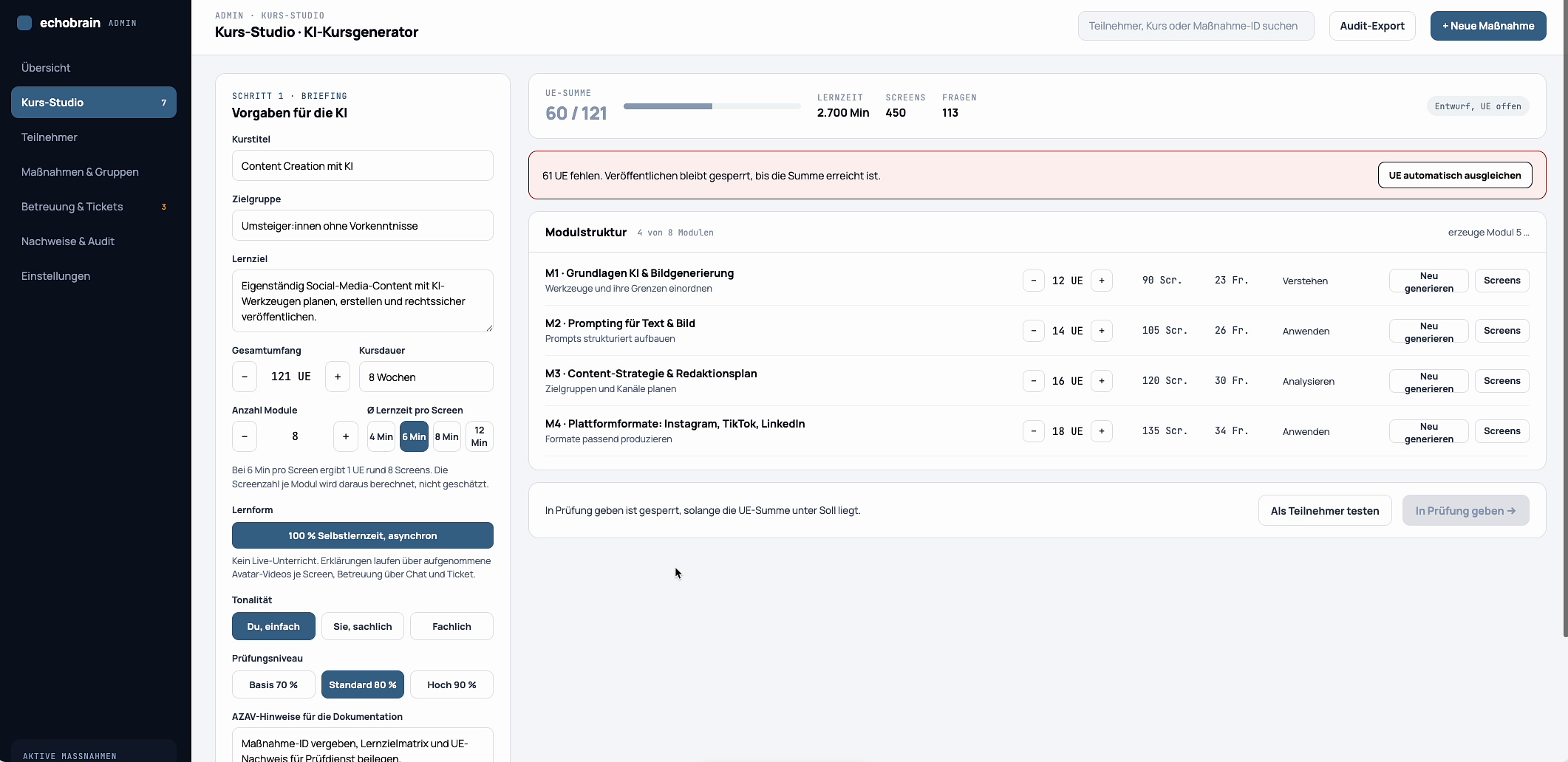 Generated module structure with titles, screen counts and action buttons