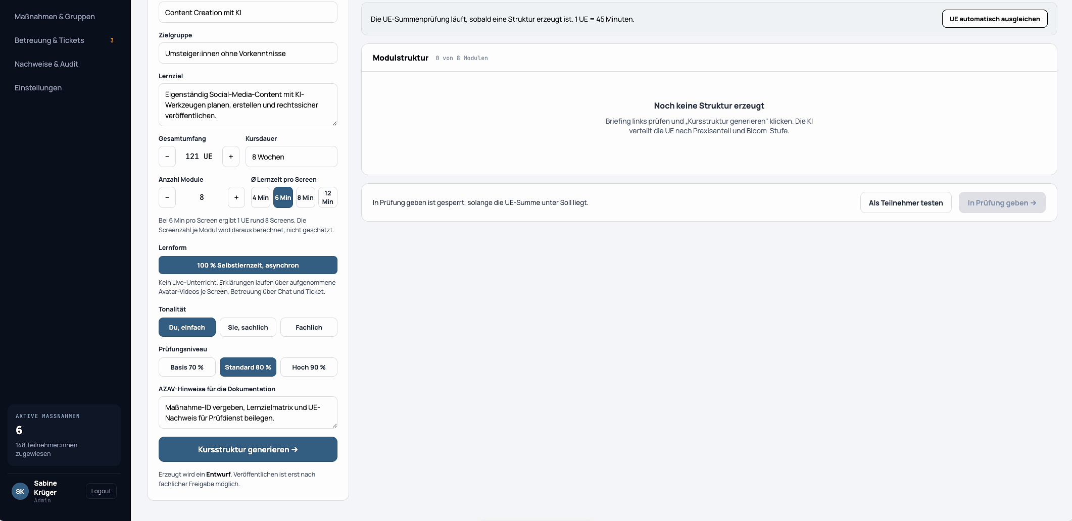 Configuration panel with learning style, difficulty and exam level