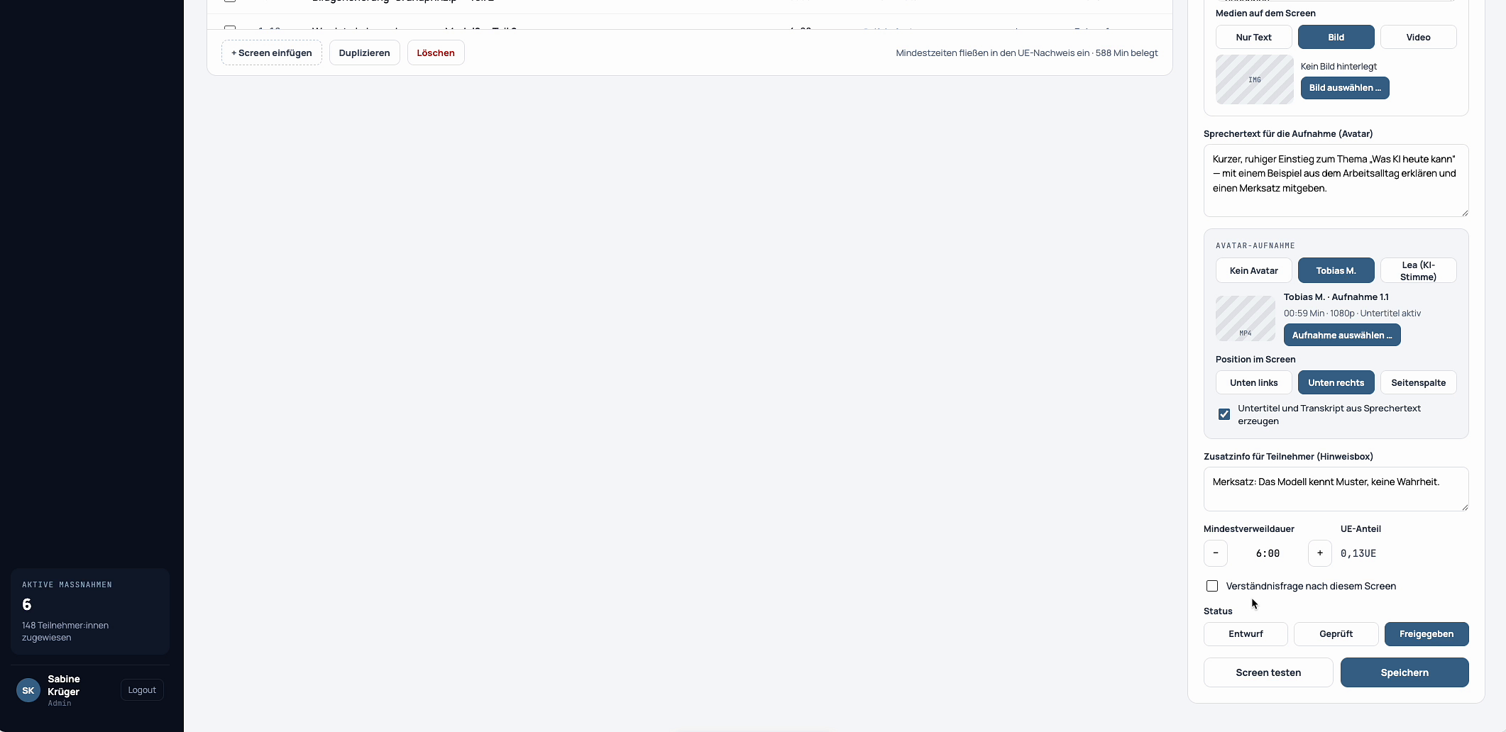 Screen editor with content settings and a save button