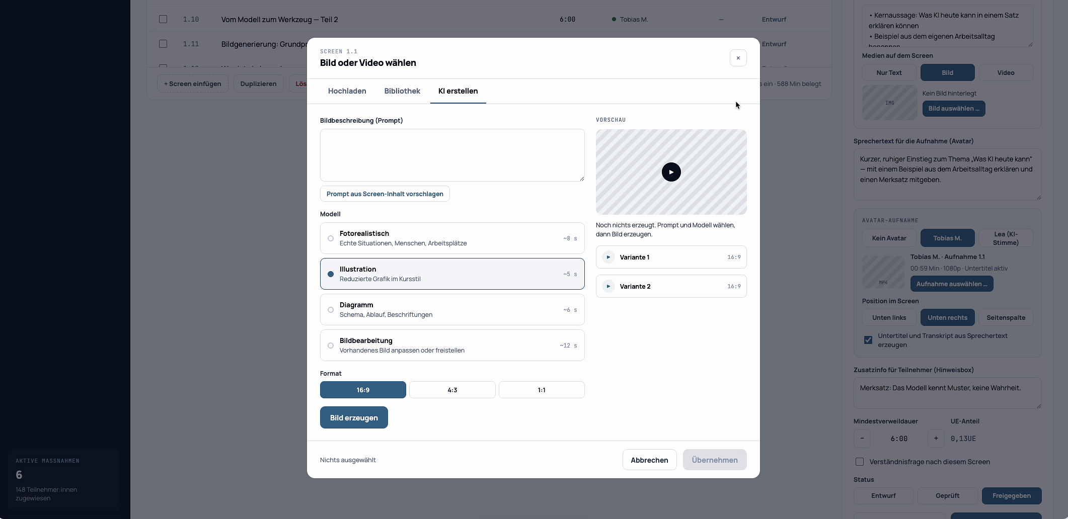 AI image generation interface with description, style and format options
