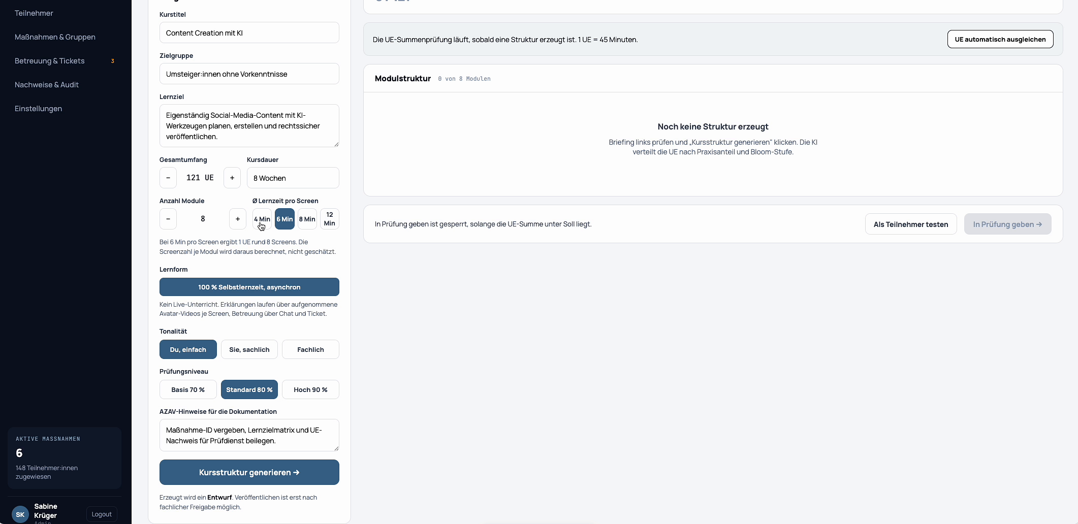 Options to set the number of modules and learning time per screen