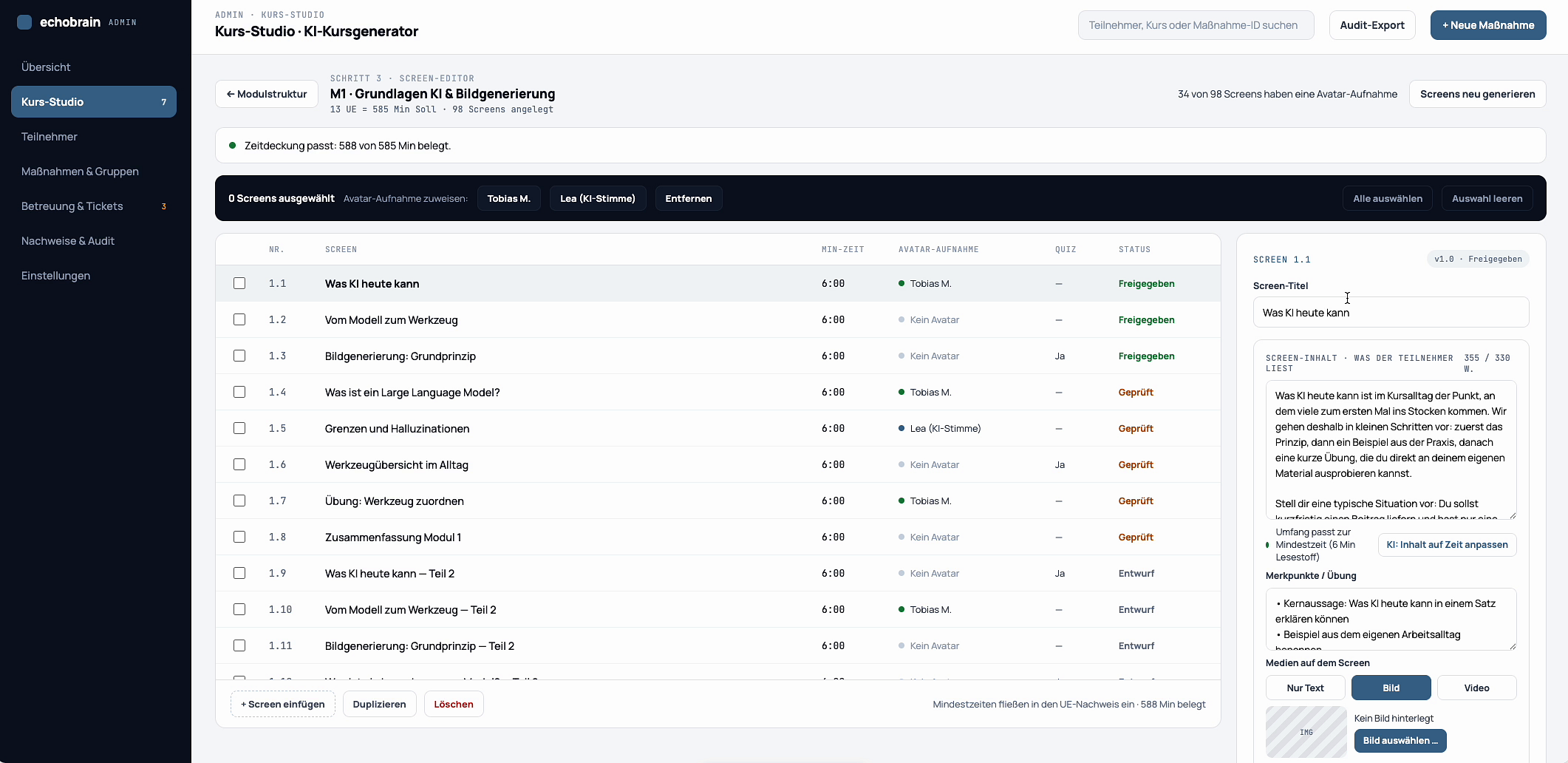 Screen editor with a sidebar for title, text, media and speaker settings