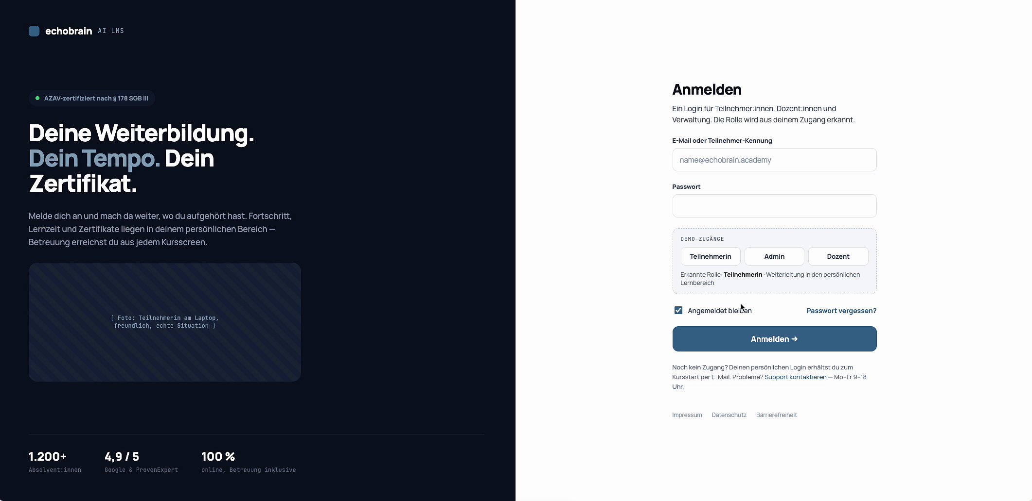 Login form with fields for email, password, and buttons for role selection