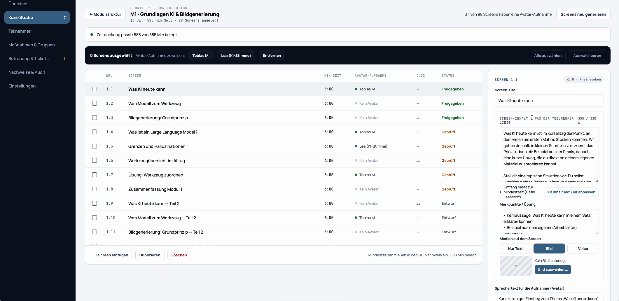 Sidebar showing the screen title input field being edited