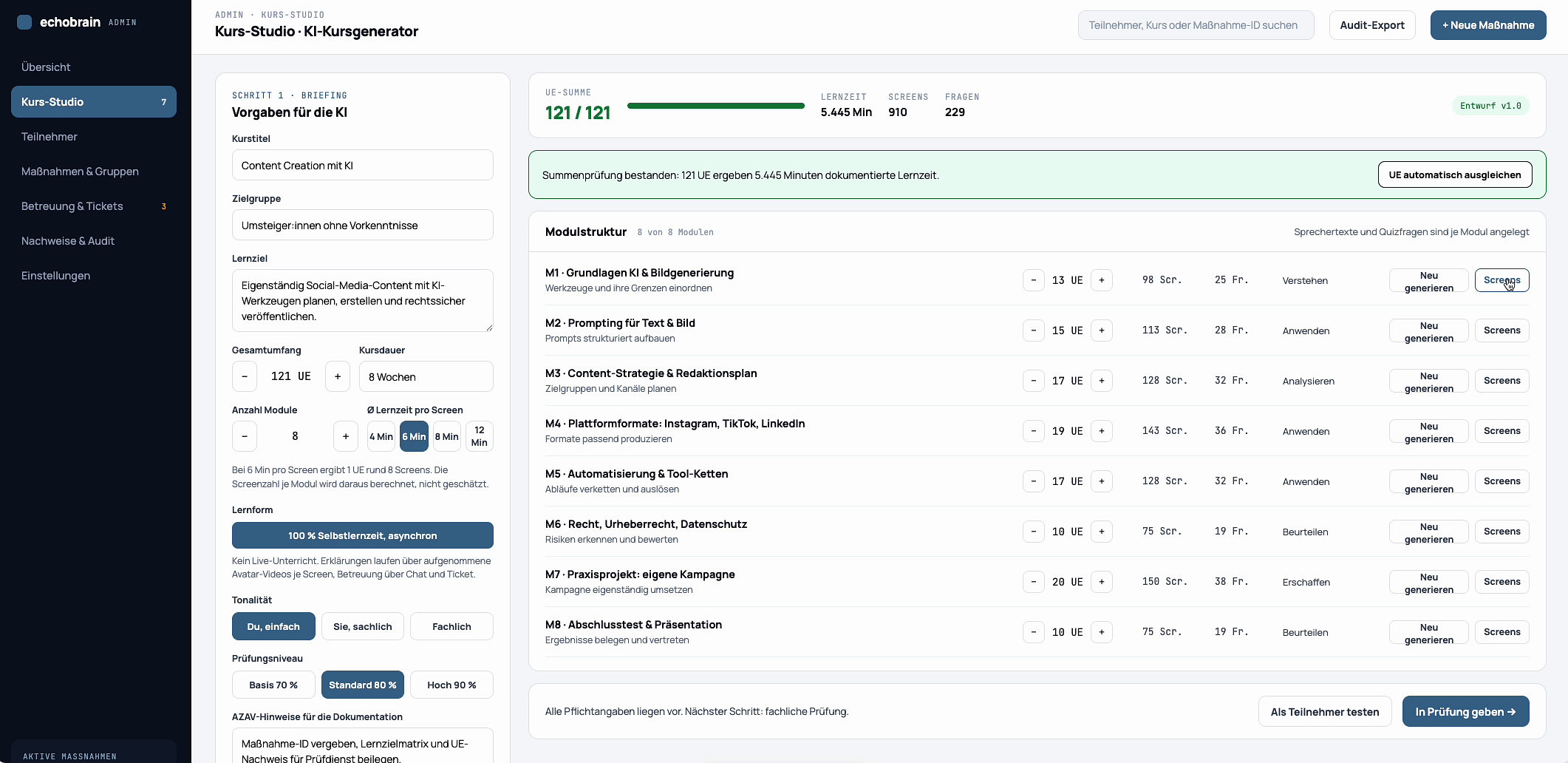 Module view showing screens with duration, speaker assignments and status
