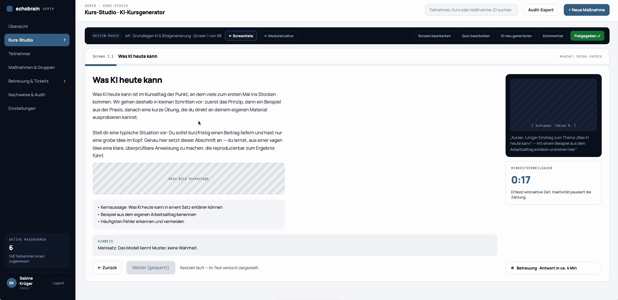 Screen with text content, an avatar image and an audio player timeline