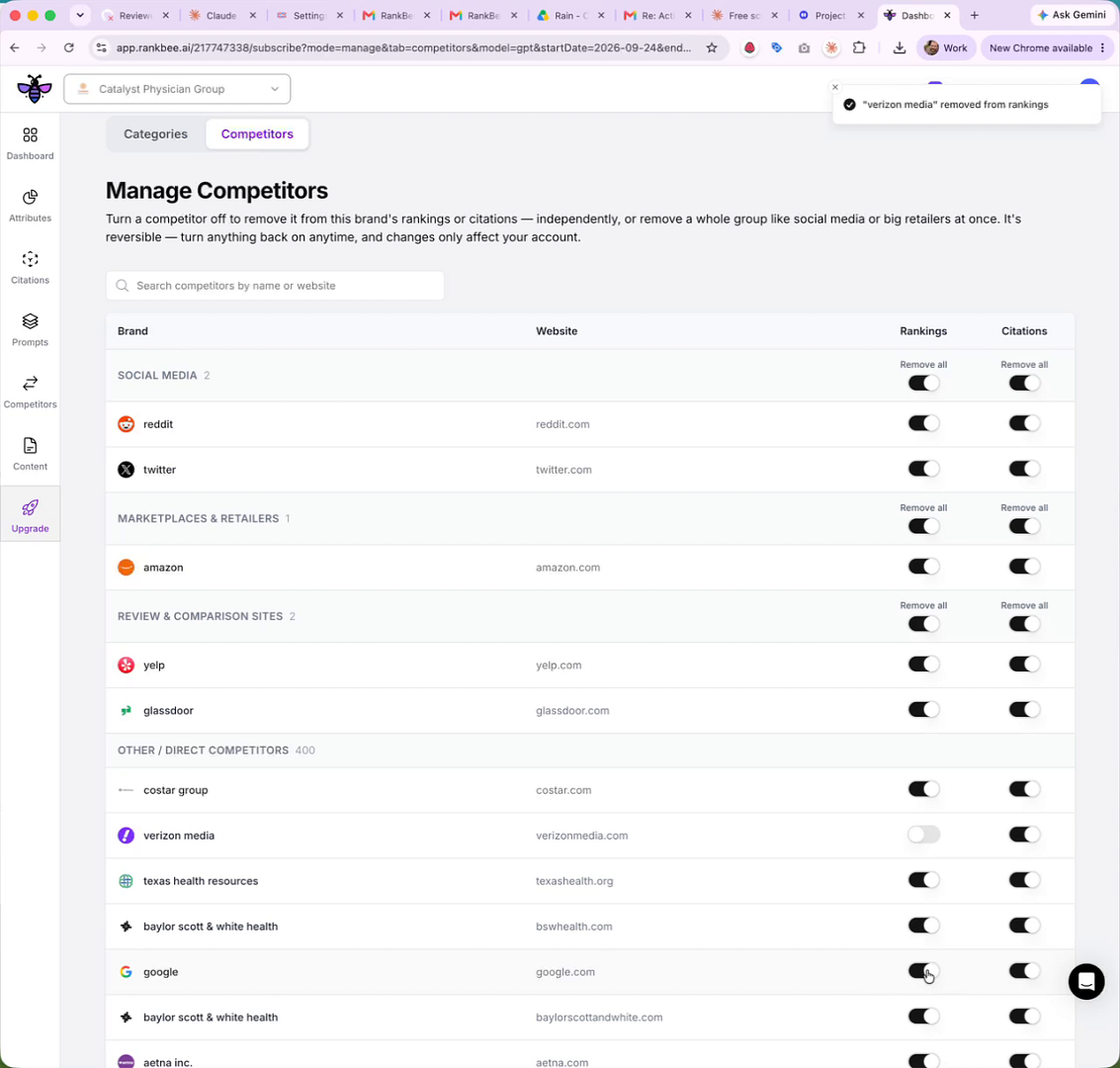 The Manage Competitors page showing a list of brands like Verizon Media and Google with toggles in the Rankings and Citations columns.