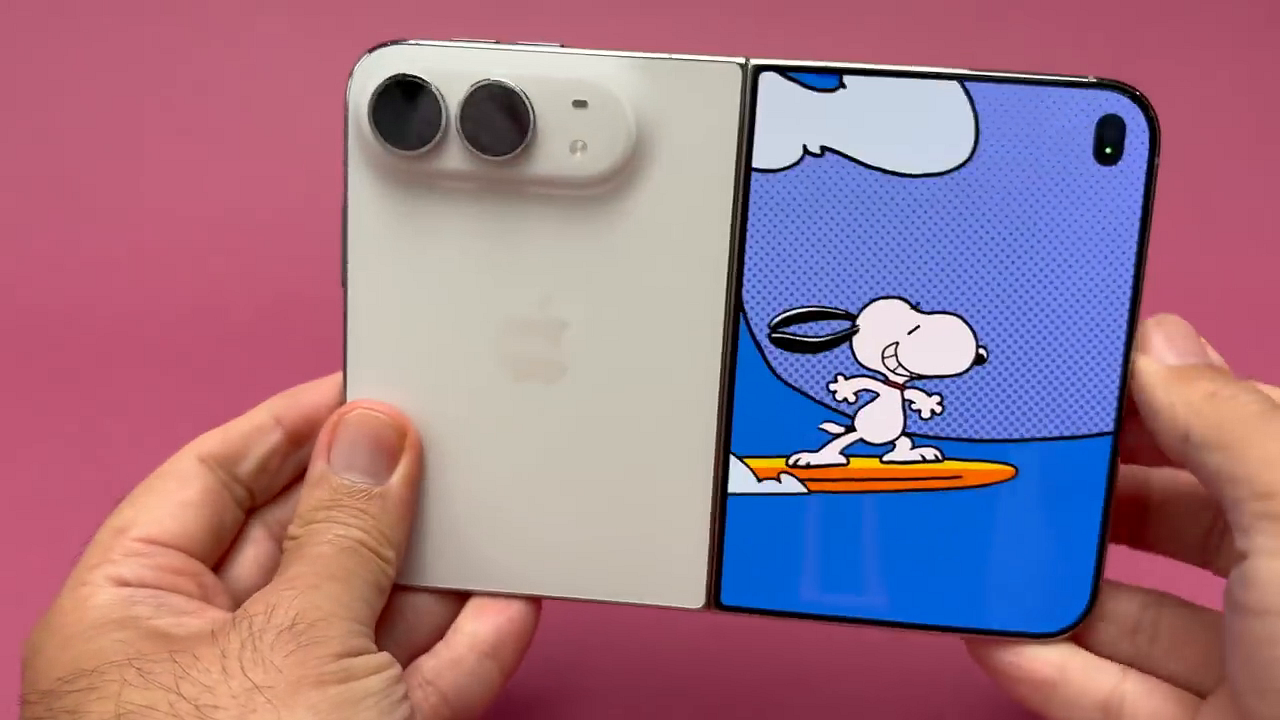 Outer display of a folded white iPhone showing an animated cartoon dog on a surfboard against a blue background